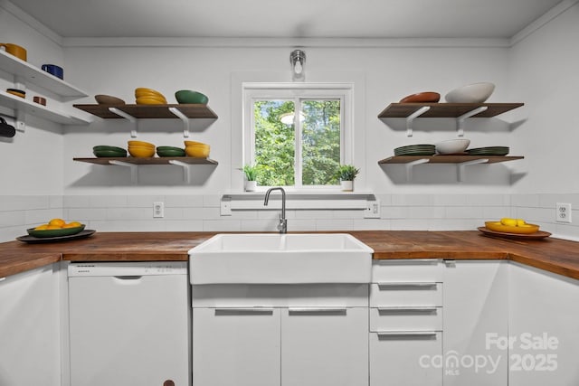 3276 Howard Gap Rd, Hendersonville, NC 28792 - kitchen featuring open shelves, dishwasher, butcher block countertops, and decorative backsplash