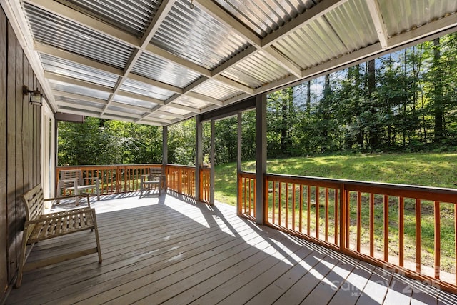 3276 Howard Gap Rd, Hendersonville, NC 28792 - wooden terrace featuring a lawn and view of wooded area