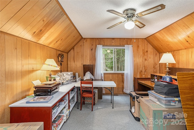 227 Acorn Ln, Pisgah Forest, NC 28768 - carpeted office featuring lofted ceiling, wood walls, and a ceiling fan