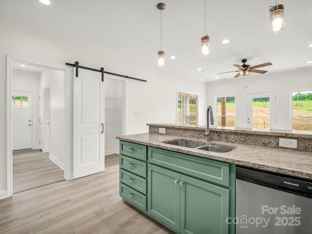174 Charlie Randall Rd, Lawndale, NC 28090 - kitchen featuring green cabinets, stainless steel dishwasher, recessed lighting, light wood finished floors, and ceiling fan