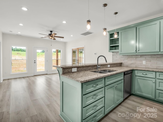 174 Charlie Randall Rd, Lawndale, NC 28090 - kitchen with green cabinets, stainless steel dishwasher, a peninsula, ceiling fan, and recessed lighting