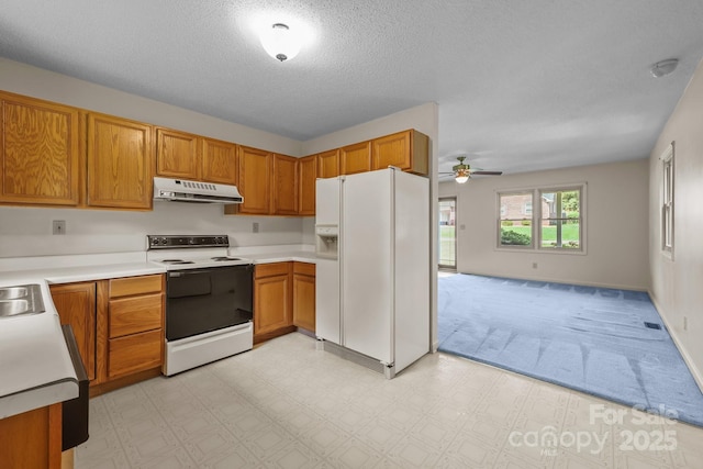 416 Park Ave, Granite Quarry, NC 28072 - kitchen featuring white appliances, under cabinet range hood, a ceiling fan, brown cabinets, and light countertops