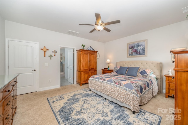 7718 Village Pkwy, Locust, NC 28097 - bedroom featuring light carpet, ceiling fan, and connected bathroom