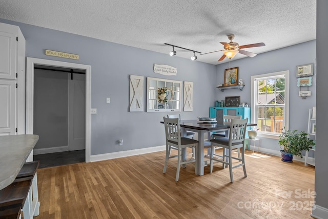 315 Talon Dr, Salisbury, NC 28147 - dining space with a ceiling fan, a textured ceiling, wood finished floors, rail lighting, and a barn door