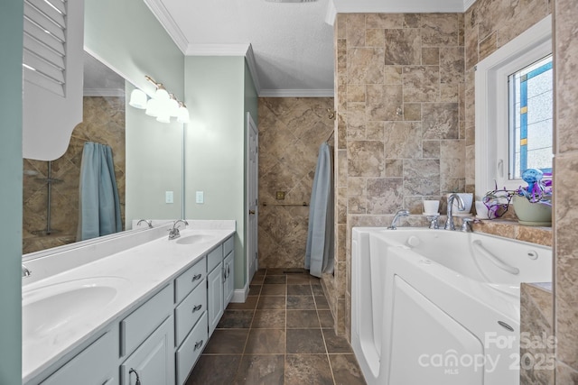 315 Talon Dr, Salisbury, NC 28147 - bathroom featuring ornamental molding, a garden tub, double vanity, and a textured ceiling