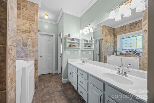 315 Talon Dr, Salisbury, NC 28147 - bathroom featuring a tub to relax in, double vanity, ornamental molding, and stone finish floors