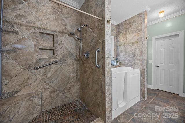 315 Talon Dr, Salisbury, NC 28147 - bathroom featuring ornamental molding, tiled shower, and a textured ceiling