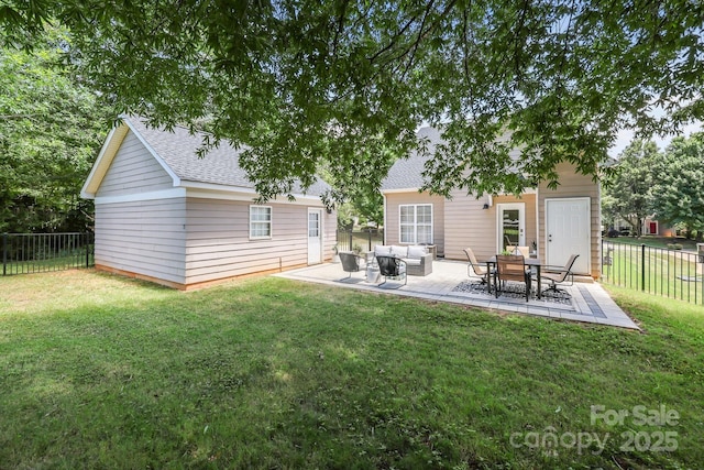 8225 Ballymore Ct, Huntersville, NC 28078 - back of house featuring a fenced backyard, a shingled roof, an outdoor living space, a patio area, and an outbuilding