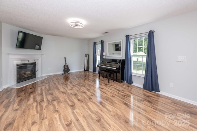 2085 Chapel Creek Rd SW, Concord, NC 28025 - living area featuring wood finished floors, a textured ceiling, and a high end fireplace