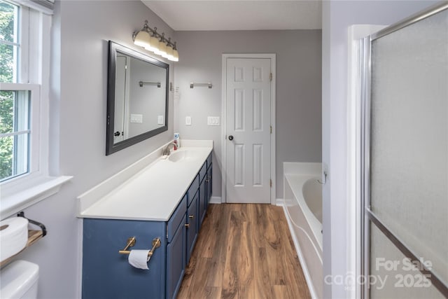 2085 Chapel Creek Rd SW, Concord, NC 28025 - full bathroom with vanity, a garden tub, wood finished floors, and a shower with shower door