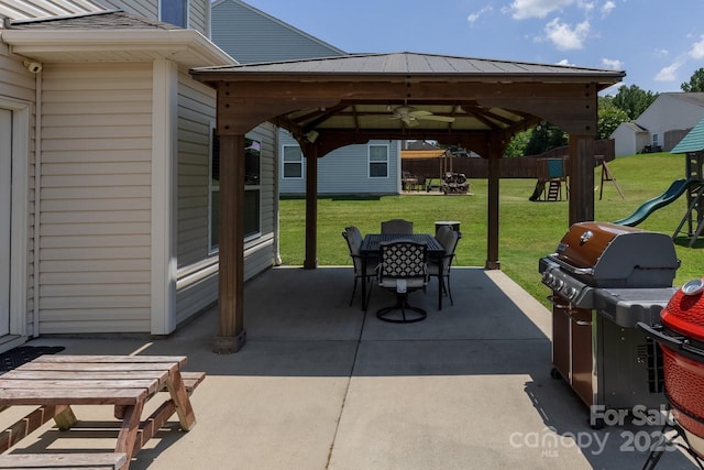 864 Pointe Andrews Dr, Concord, NC 28025 - view of patio / terrace featuring outdoor dining area, a playground, a gazebo, and a ceiling fan