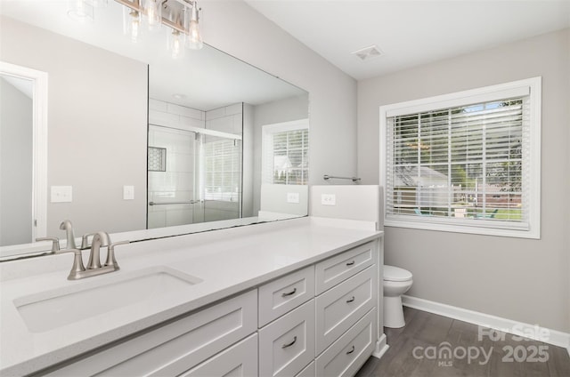 608 Red Hawk Way, Clover, SC 29710 - bathroom with healthy amount of natural light, vanity, a stall shower, and wood finished floors