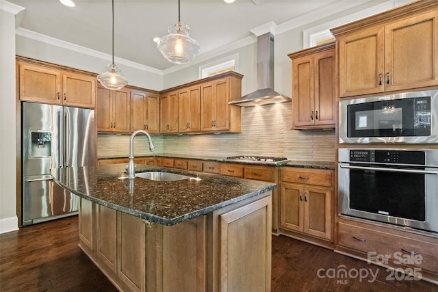 115 Boyce Rd, Charlotte, NC 28211 - kitchen with stainless steel appliances, wall chimney range hood, crown molding, dark stone counters, and dark wood-style flooring