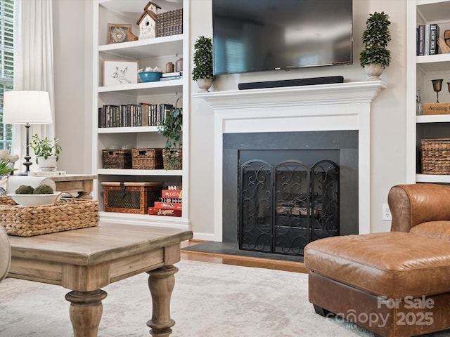 13930 Daltrey Ln, Charlotte, NC 28277 - living area with built in features and a fireplace with raised hearth