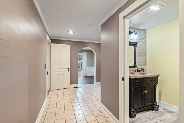 3809 Union Hill Rd, East Bend, NC 27018 - corridor featuring arched walkways, crown molding, light tile patterned floors, and recessed lighting