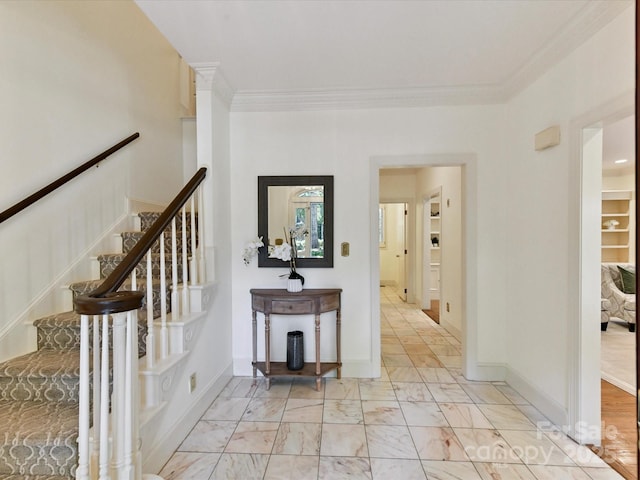 6546 Chestnut Grove Ln, Charlotte, NC 28210 - hallway with stairway, ornamental molding, and light marble finish flooring