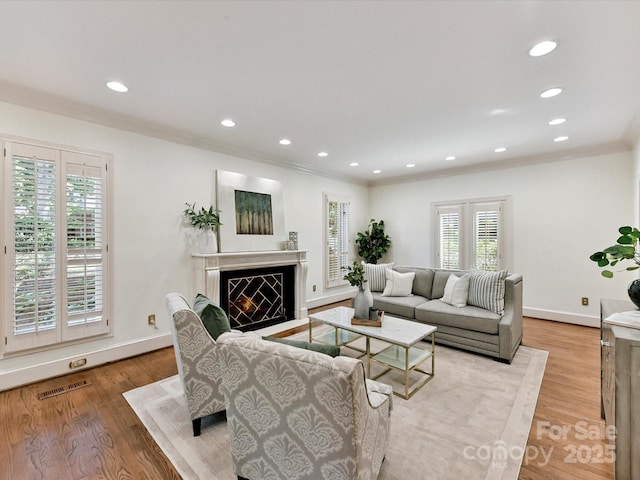6546 Chestnut Grove Ln, Charlotte, NC 28210 - living area featuring crown molding, a warm lit fireplace, light wood-style floors, and recessed lighting