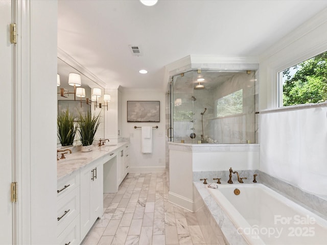 6546 Chestnut Grove Ln, Charlotte, NC 28210 - bathroom with a shower stall, double vanity, a garden tub, marble look tiles, and crown molding
