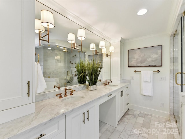 6546 Chestnut Grove Ln, Charlotte, NC 28210 - full bathroom with marble look tiles, double vanity, crown molding, and a marble finish shower