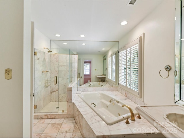 6546 Chestnut Grove Ln, Charlotte, NC 28210 - full bath with a marble finish shower, recessed lighting, a whirlpool tub, and plenty of natural light