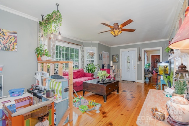 705 Townsend Ave, Gastonia, NC 28052 - living room with ceiling fan, wood-type flooring, and ornamental molding