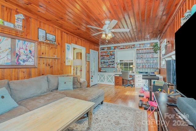 705 Townsend Ave, Gastonia, NC 28052 - living area with wooden walls, a ceiling fan, wood finished floors, wood ceiling, and built in desk