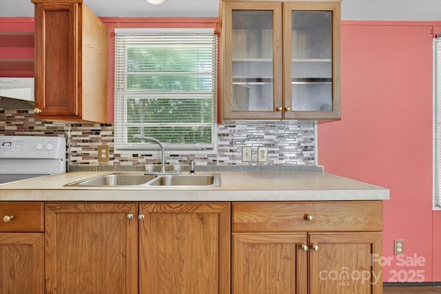 2611 Dallas Stanley Hwy, Stanley, NC 28164 - kitchen featuring white range with electric stovetop, light countertops, backsplash, and plenty of natural light