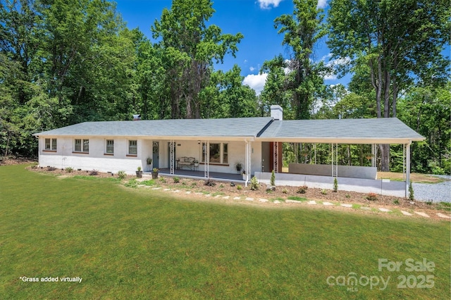 6939 Knob Ave, Connelly Springs, NC 28612 - ranch-style house with a porch, a front yard, an attached carport, and a chimney