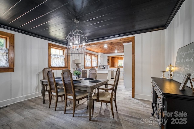 6939 Knob Ave, Connelly Springs, NC 28612 - dining area featuring wood finished floors, a chandelier, wooden ceiling, a decorative wall, and ornamental molding