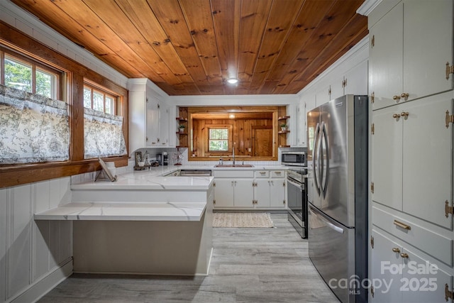 6939 Knob Ave, Connelly Springs, NC 28612 - kitchen with stainless steel appliances, open shelves, wooden ceiling, a peninsula, and light wood finished floors