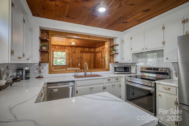 6939 Knob Ave, Connelly Springs, NC 28612 - kitchen featuring open shelves, stainless steel appliances, backsplash, wood ceiling, and white cabinets