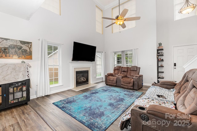 5128 Balsam Bark Ln, Fort Mill, SC 29708 - living room featuring a towering ceiling, a premium fireplace, plenty of natural light, ceiling fan, and wood finished floors