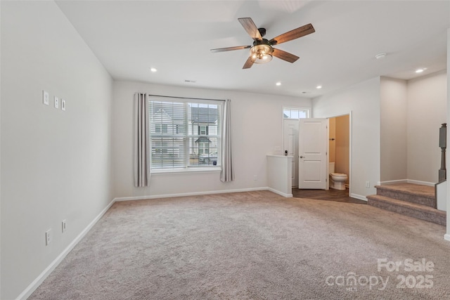 5037 Patton Dr, Gastonia, NC 28056 - carpeted empty room with a ceiling fan, recessed lighting, and stairs