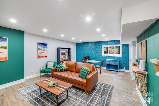 3920 Tilley Morris Rd, Matthews, NC 28105 - living area with an accent wall, light wood-style flooring, recessed lighting, and wallpapered walls