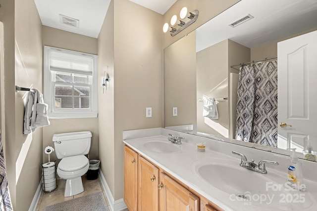 6123 Abergele Ln, Matthews, NC 28104 - bathroom featuring double vanity, tile patterned floors, and a shower with shower curtain