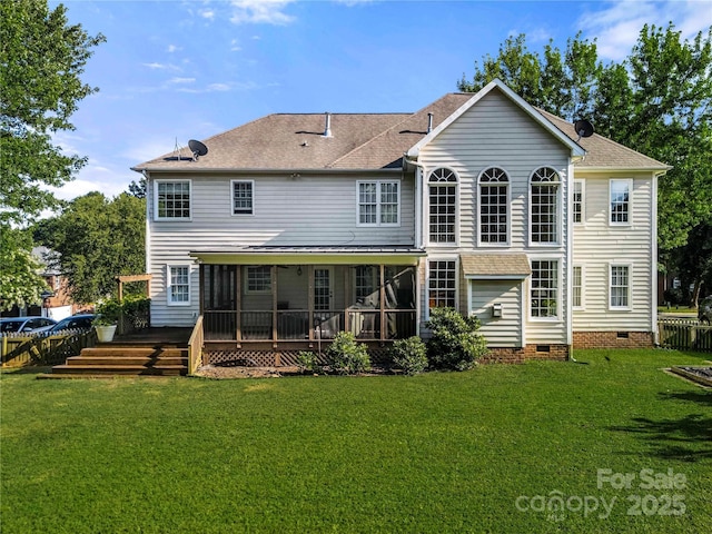 6123 Abergele Ln, Matthews, NC 28104 - back of house with crawl space, a sunroom, a wooden deck, and roof with shingles