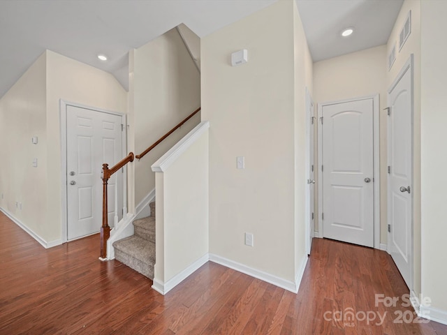 15239 Wrights Crossing Dr, Charlotte, NC 28278 - entrance foyer with wood finished floors, stairway, and recessed lighting