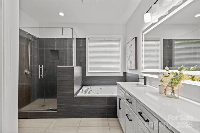 12336 Tantallon Ct, Pineville, NC 28134 - bathroom with vanity, a whirlpool tub, a shower stall, and tile patterned flooring