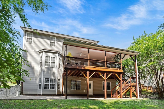 12336 Tantallon Ct, Pineville, NC 28134 - rear view of house with a ceiling fan, a sunroom, stairs, a patio, and a wooden deck