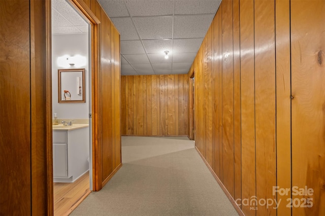 467 Winners Cir, Tryon, NC 28782 - hall with light carpet, wood walls, and a paneled ceiling