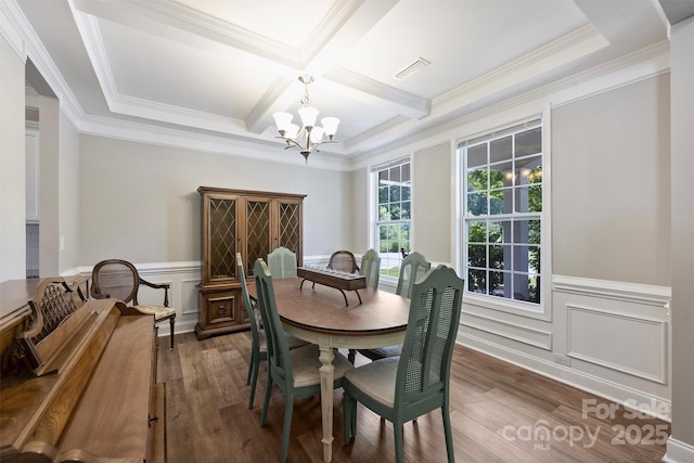 10906 Angler Ct, Davidson, NC 28036 - dining room with a chandelier, wood finished floors, beamed ceiling, coffered ceiling, and crown molding