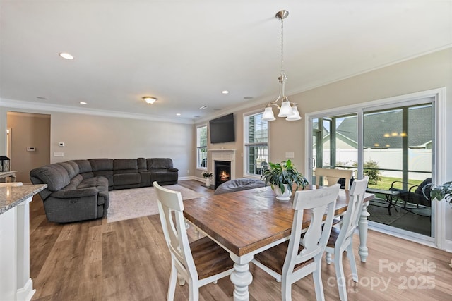 10906 Angler Ct, Davidson, NC 28036 - dining room with crown molding, a warm lit fireplace, light wood-style flooring, and recessed lighting