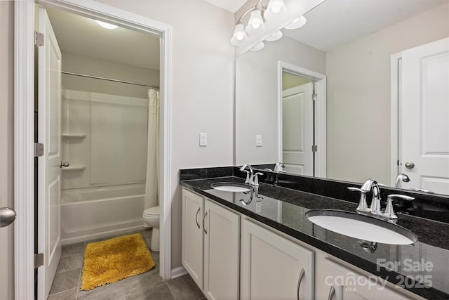 10906 Angler Ct, Davidson, NC 28036 - bathroom featuring double vanity, tile patterned floors, and shower / bathtub combination with curtain