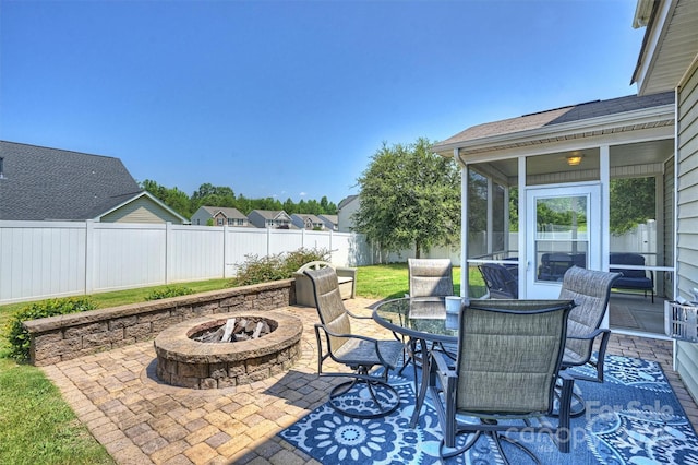 10906 Angler Ct, Davidson, NC 28036 - fenced backyard with a fire pit, a patio area, and outdoor dining space