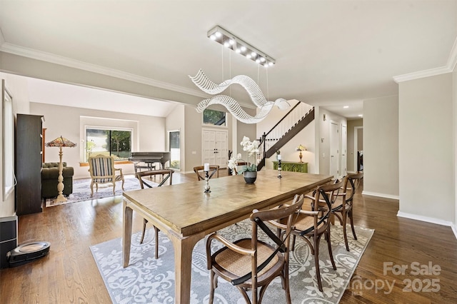 9334 Hunting Ct, Matthews, NC 28105 - dining space featuring stairway, ornamental molding, and dark wood-style flooring
