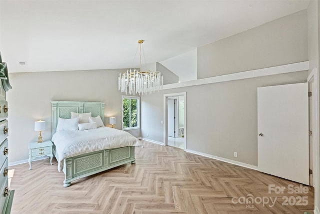 9334 Hunting Ct, Matthews, NC 28105 - bedroom with high vaulted ceiling and a chandelier