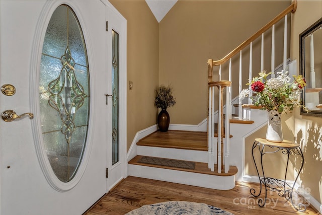 59 Old Lakey Gap Rd, Black Mountain, NC 28711 - entrance foyer with stairs, wood finished floors, and vaulted ceiling