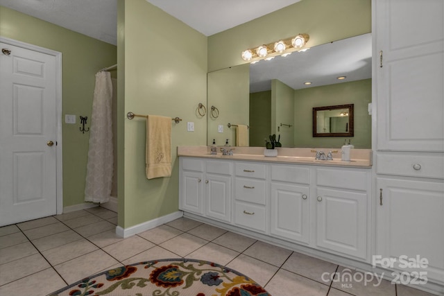 59 Old Lakey Gap Rd, Black Mountain, NC 28711 - bathroom featuring double vanity, tile patterned flooring, and a shower with curtain