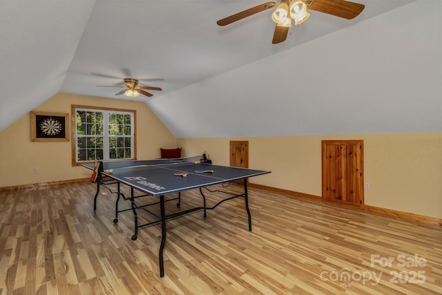 59 Old Lakey Gap Rd, Black Mountain, NC 28711 - rec room with a ceiling fan, light wood-style floors, and vaulted ceiling