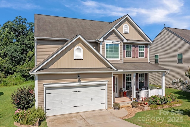 10621 Shanon Darby Ln, Charlotte, NC 28214 - traditional home featuring covered porch, concrete driveway, a front yard, and a shingled roof